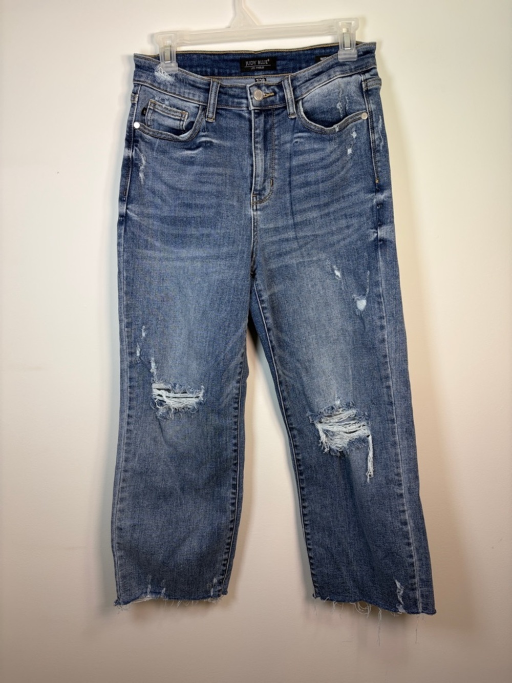 Judy Blue Wide Leg Distressed Cropped Jeans - Medium Blue - Sz 28 (7)